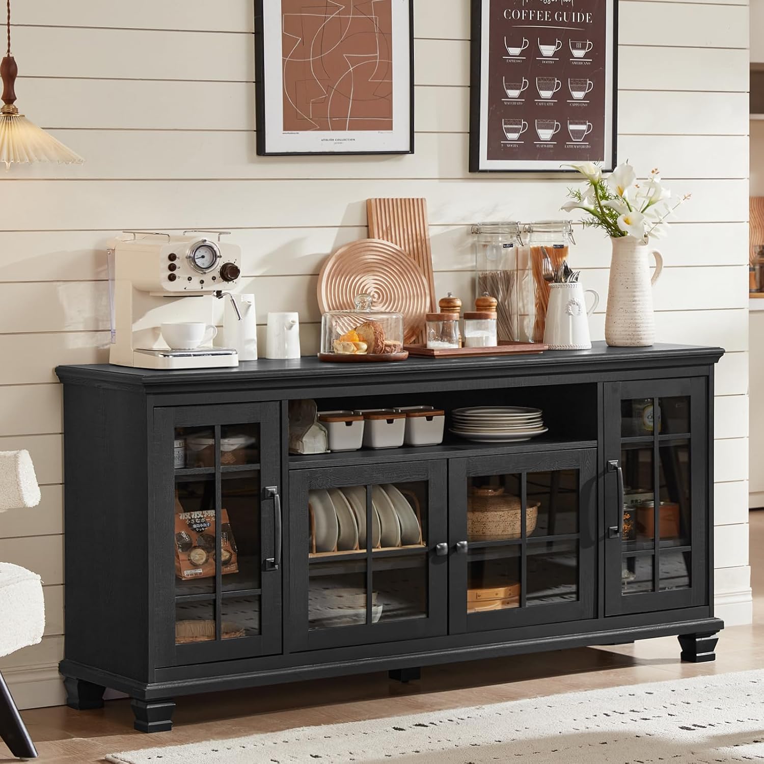 SAVOR LIFE 60-Inch Sideboard Buffet with Glass Doors, Black | 60-inch wood buffet with four glass doors, adjustable shelves and open storage for tableware, coffee bars and display
