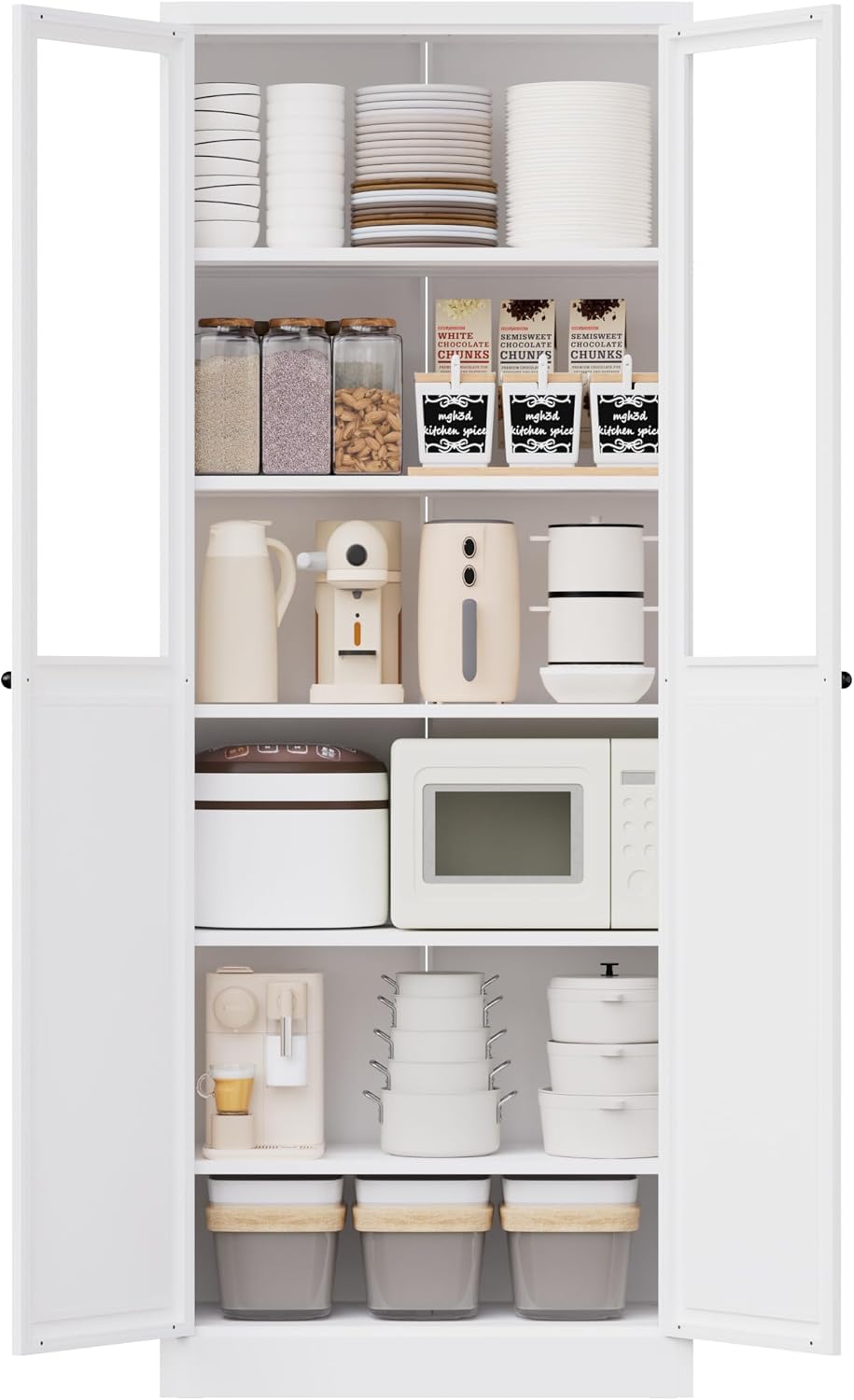 72" White Storage Cabinet Metal Kitchen Pantry Cabinet with Glass Doors ...