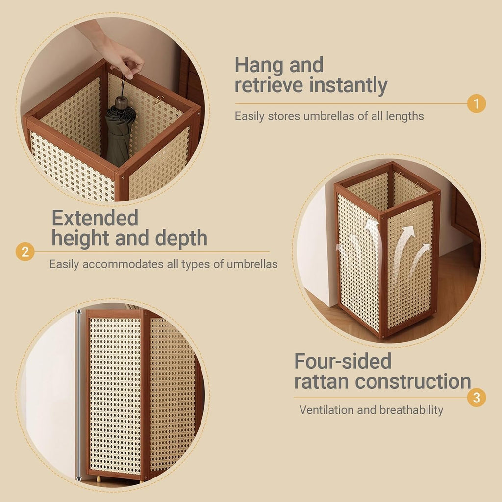 Large Capacity Bamboo and rattan weaving Umbrella Holder Commercial Umbrella Stand Racks with Removable Drip Tray for Home Corridor Entrance(Brown)