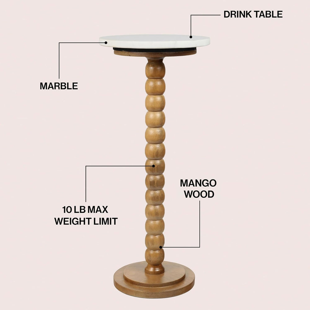 JONATHAN Y Monroe Wood and Marble Round Drink Table with Bobbin Spool Pedesta...