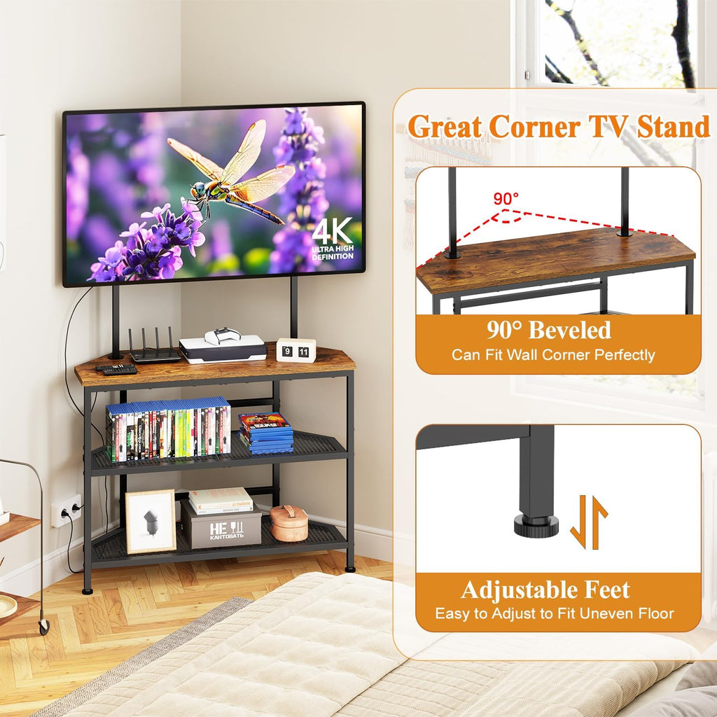 23" to 60" Floor Corner TV Stand For Bedroom With Mount, Universal Corner TV Desk Table With Storage Shelves For Bedroom Small Space,Rustic Television Stands Desk,Heavy Duty Structure,Adjustable Feet