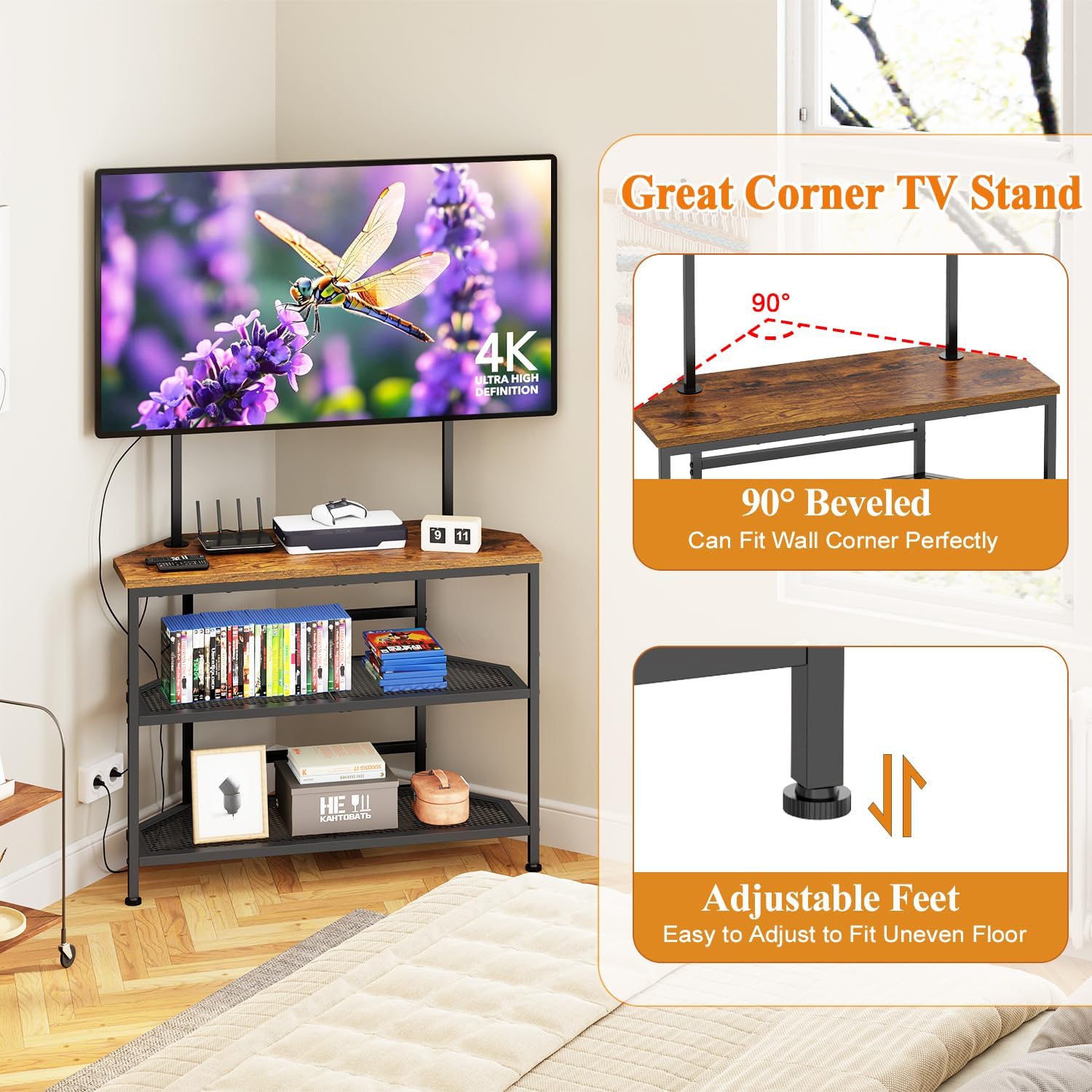 23" to 60" Floor Corner TV Stand For Bedroom With Mount, Universal Corner TV Desk Table With Storage Shelves For Bedroom Small Space,Rustic Television Stands Desk,Heavy Duty Structure,Adjustable Feet