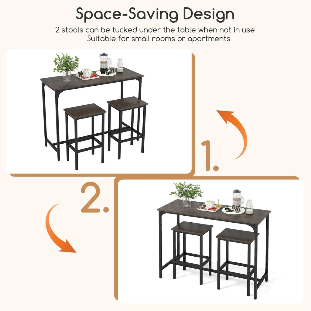 COSTWAY 3-Piece Dining Table Set, 47.5" Industrial Counter-Height Kitchen Table and 2 Bar Stools, High Top Rectangular Pub Table and Chairs for Dining Room Small Place Breakfast Nook Bistro (Grey) | w/ 2 Bar Stools, High Top Rectangular Pub Table and