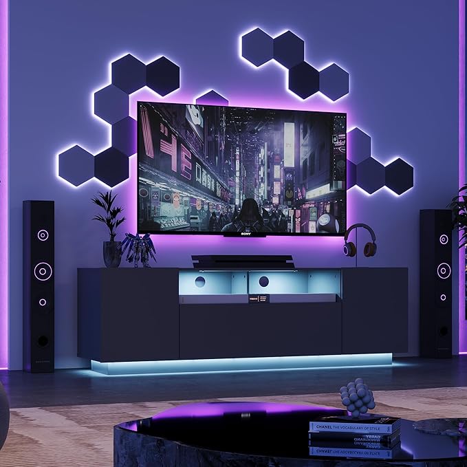 WLIVE Modern TV Stand for 65 Inch TV, Entertainment Center with LED Lights & Large Storage Cabinets, Sturdy Media Console for Living Room, Bedroom, Gaming(Black)