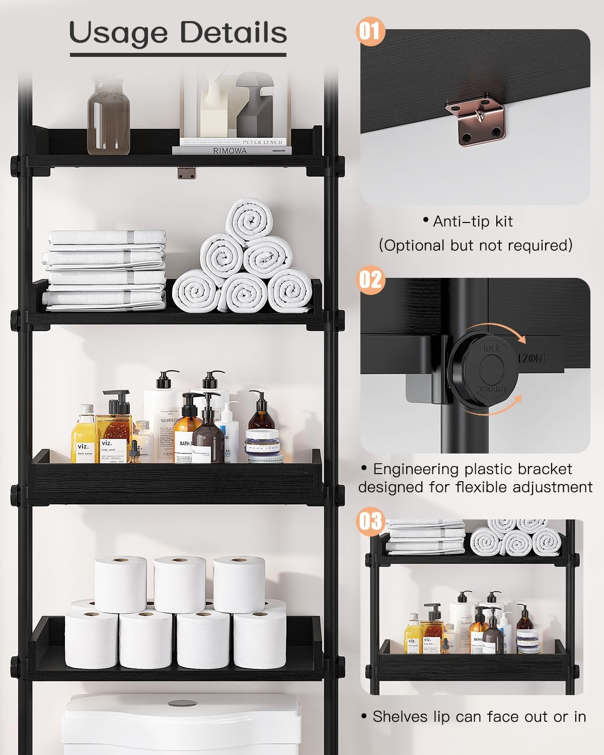 ALLZONE 4 Tier Over The Toilet Storage, Adjustable Wood Over Toilet Bathroom Organizer, Freestanding Shelves, Fit Most Showers Over The Toilet Shelf, 92 to 116 Inch Tall, Black