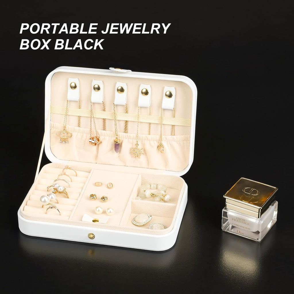 Small Jewelry Box, Travel Jewelry Case Portable Jewelry Boxes for Women, 2-Layer Mini Jewelry Travel Organizer, Gift for Women Girls,White B