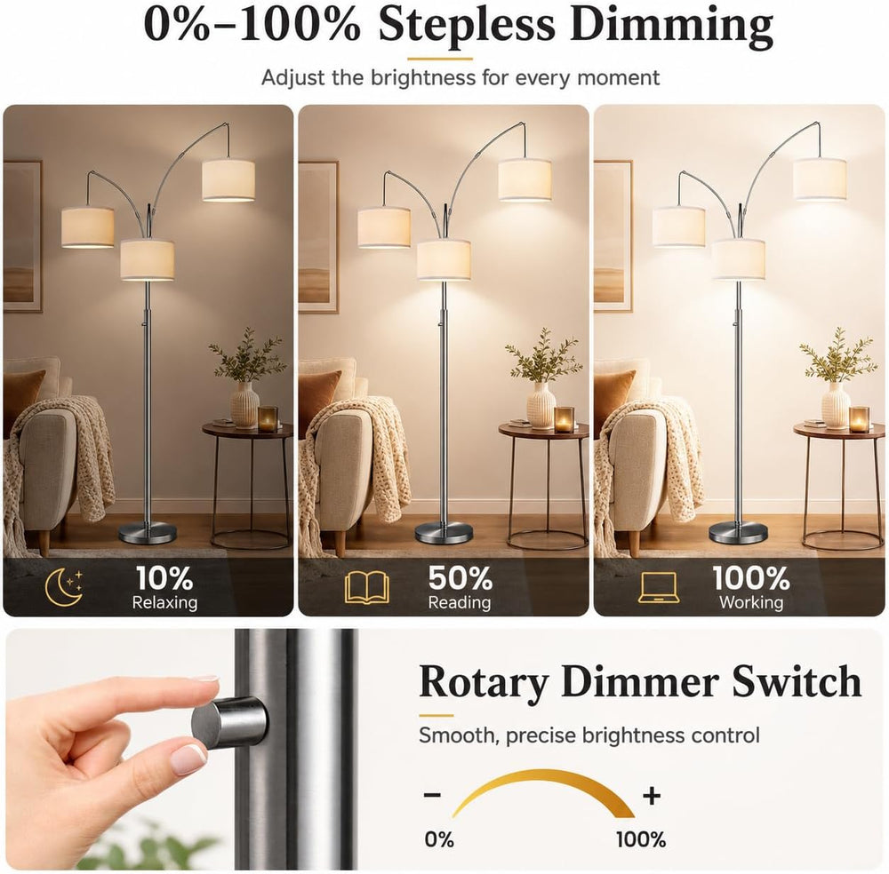 Nintiue Dimmable Floor Lamp - 3 Lights Brushed Nickel Arc Floor Lamps for Liv...