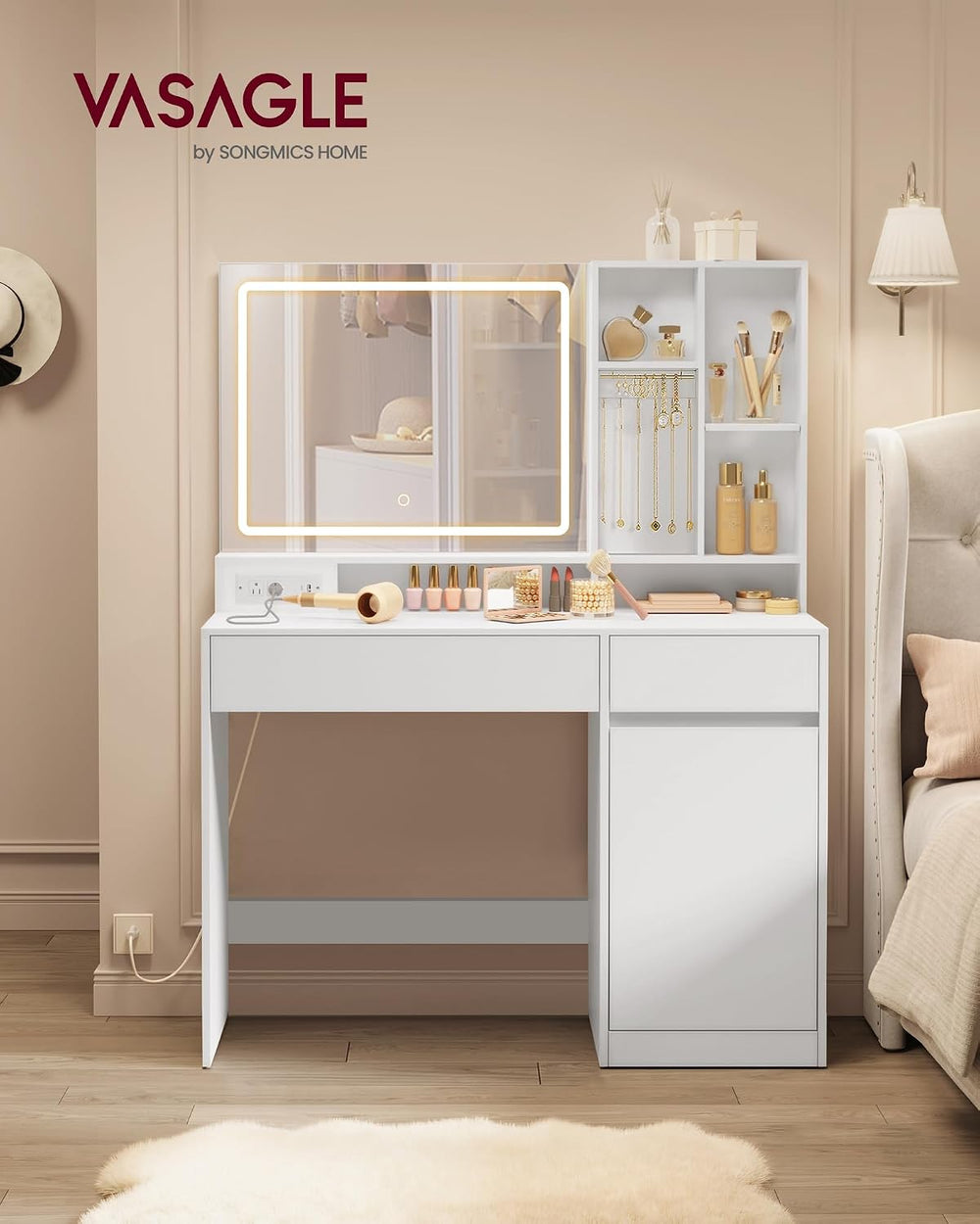 VASAGLE KAILYN Collection - 43.3-Inch Vanity Desk with Mirror and Lights, Pow...