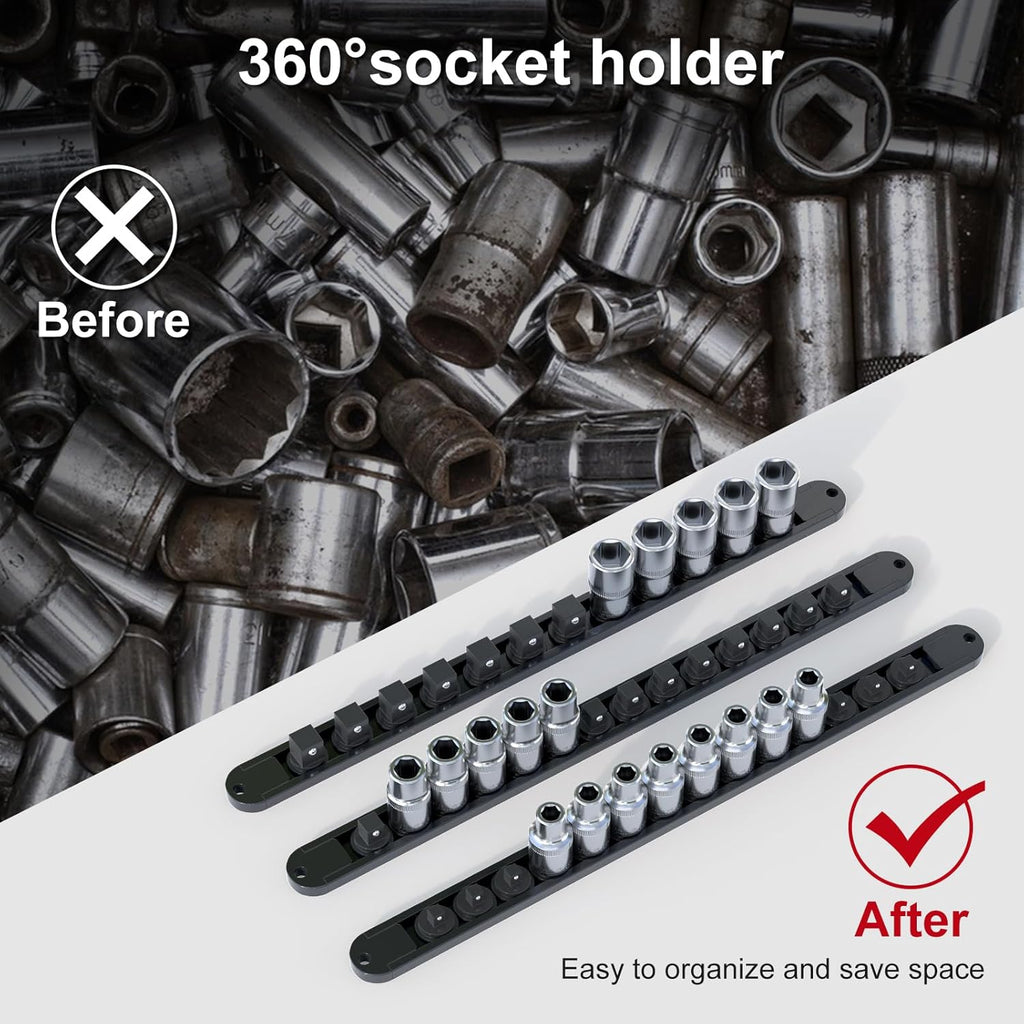 FivePears 3PCS 360° Socket Organizer Twist Lock,3/8 1/4 1/2 Socket Storage Rails, Premium Quality Socket Holders for Tool Box ，Tool Carts，Contains up to 40 Clips (Blue, Red and Black)