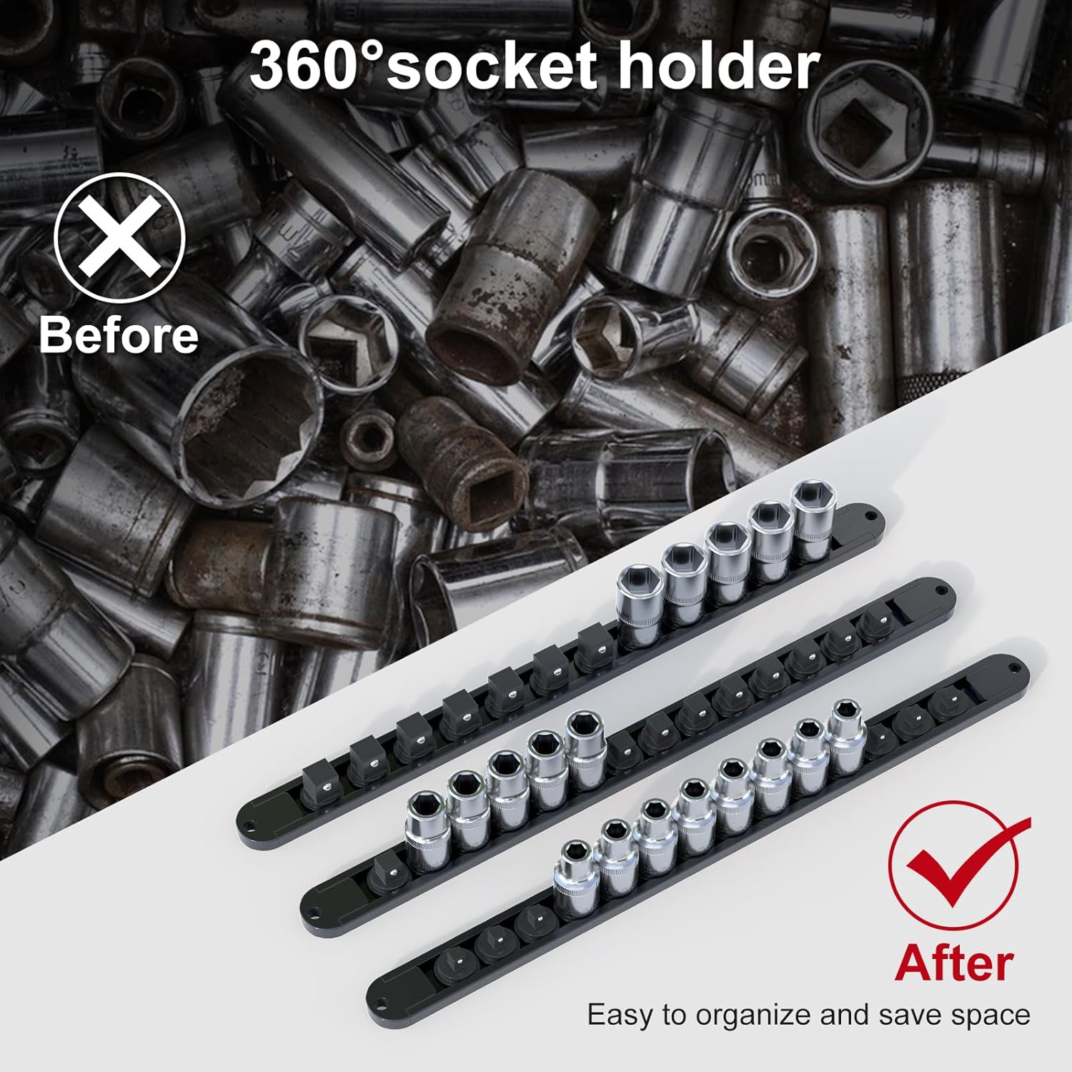 FivePears 3PCS 360° Socket Organizer Twist Lock,3/8 1/4 1/2 Socket Storage Rails, Premium Quality Socket Holders for Tool Box ，Tool Carts，Contains up to 40 Clips (Blue, Red and Black)