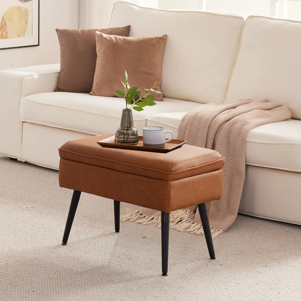 Square Storage Ottoman Upholstered Vanity Accent Stool Cognac Brown | Square ...