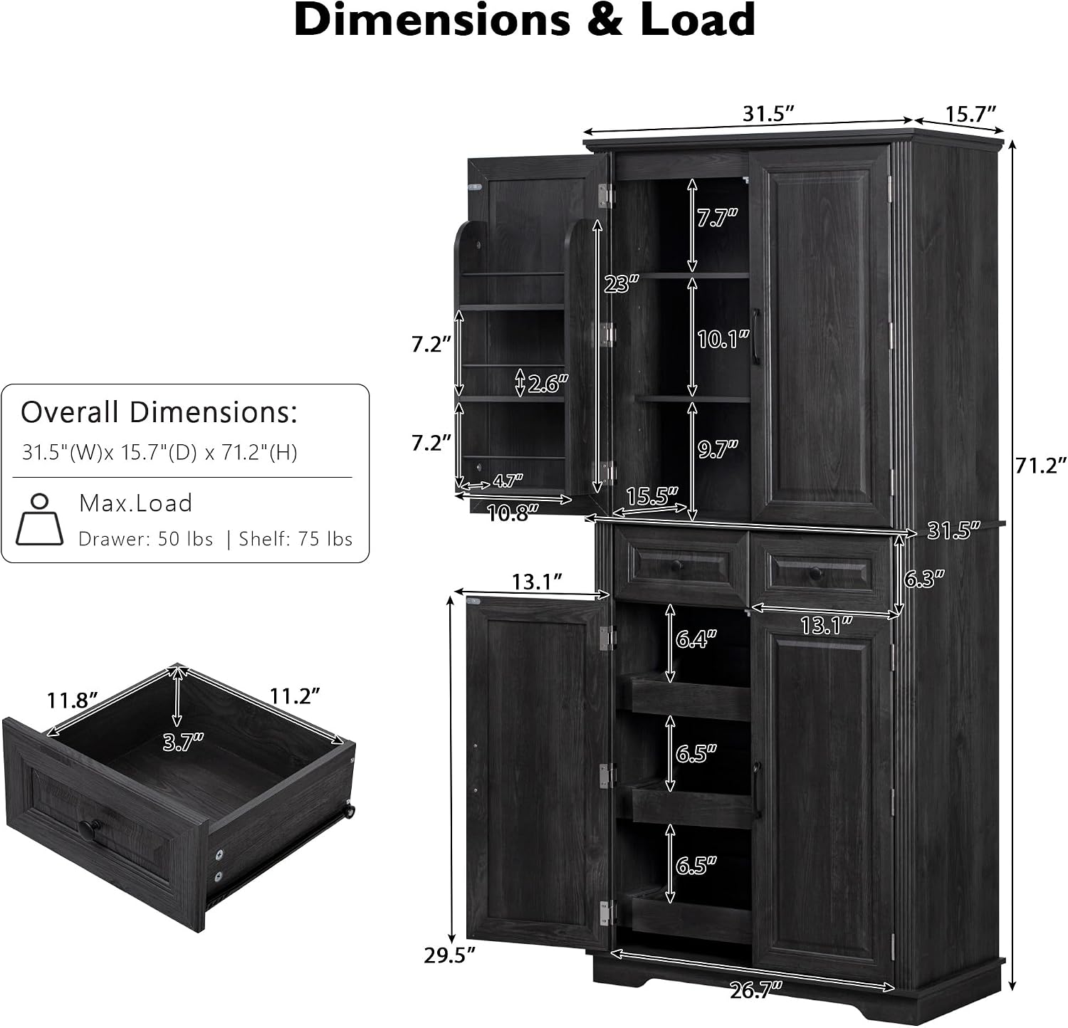 Anwick 71" Tall Kitchen Cabinet Pantry Storage, Modern Kitchen Hutch Cabinet with 2 Large Drawers, Freestanding Cupboard Cabinets with 2 Adjustable Shelves & 6 Door Shelves (Black-4Doors)
