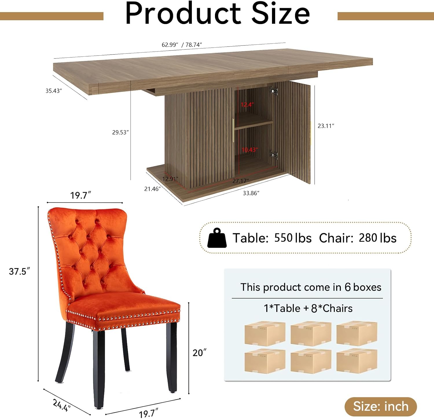Extendable Dining Table Set for 8, 78.74" Expandable Dining Table with 8 Orange Upholstered Tufted Chairs, Large Wooden Expanding Kitchen Table and Chairs Set of 8, 9 Piece Extendable Dining Table Set