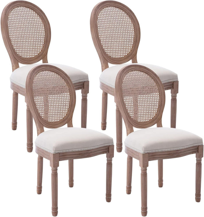 Virabit French Dining Chairs Set of 4, Farmhouse Upholstered Rattan Dining Chairs with Curved Backrest and Beautifully Carved Solid Wood Frame for Living Room, Kitchen, Restaurant