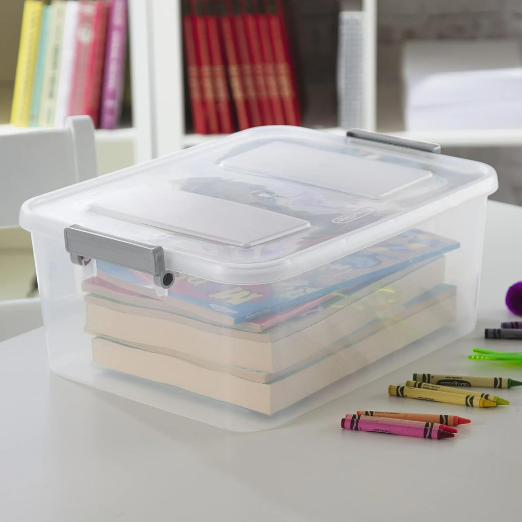 (3 Pack) 12.7 Quart Clear Plastic Modular Storage Containers with Write-On Label Latches - Gray Stackable Organizer Boxes for Home, Office, Closet, Garage & Pantry Organization