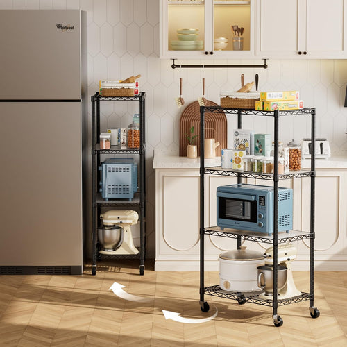 4 Tier Shelves Storage Shelf Wire Closet Bathroom Organizers Metal Pantry Kitchen Garage Shelving Unit Laundry Room Organization Home Rack Net Basket Black with Wheels 14”D X 24”W X 48.9”H