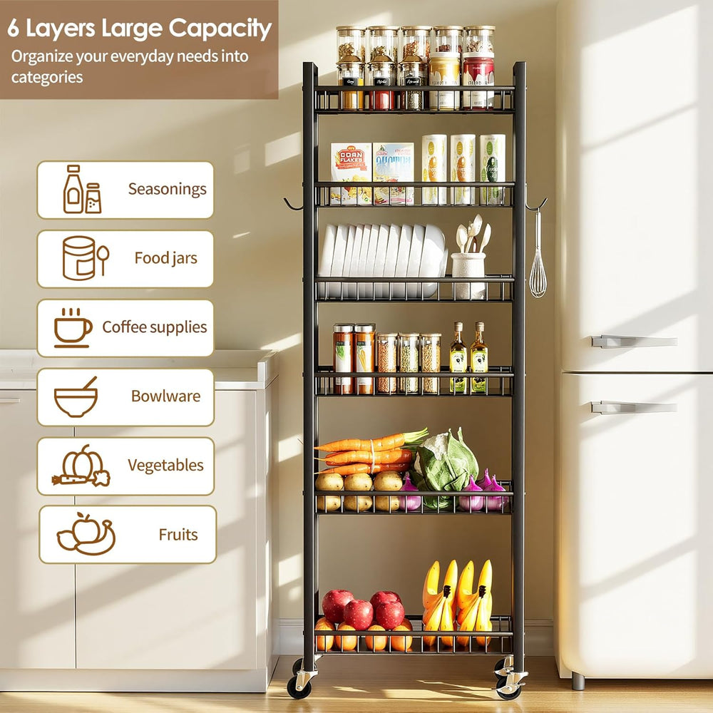 6 Tier Slim Storage Cart, Narrow Rolling Cart with Wheels, 10in(W) | Narrow M...