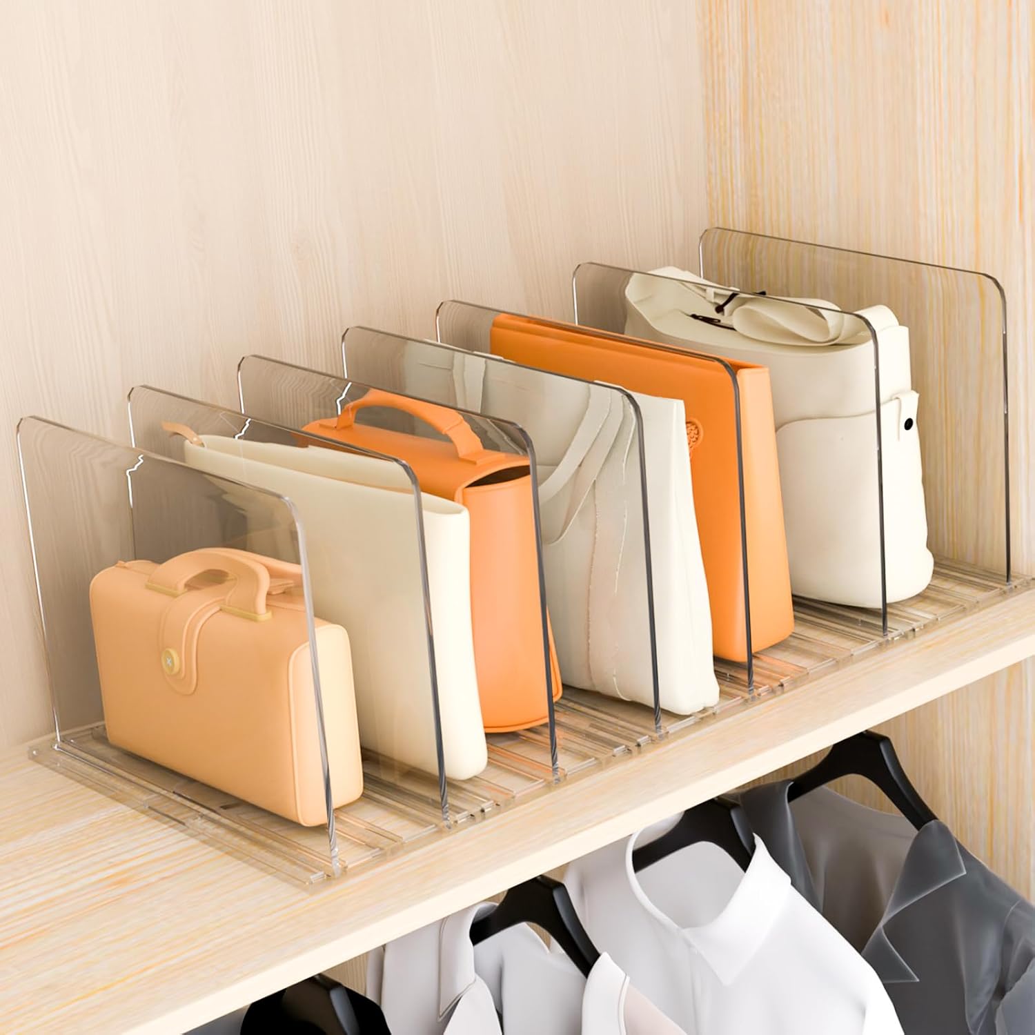 Adjustable Bag & Purse Organizer for Closet, Acrylic Shelf Dividers, Handbag Storage Organizer Clear Purse Dividers for Closet Organization Separators for Handbag, Book in Bedroom, Office
