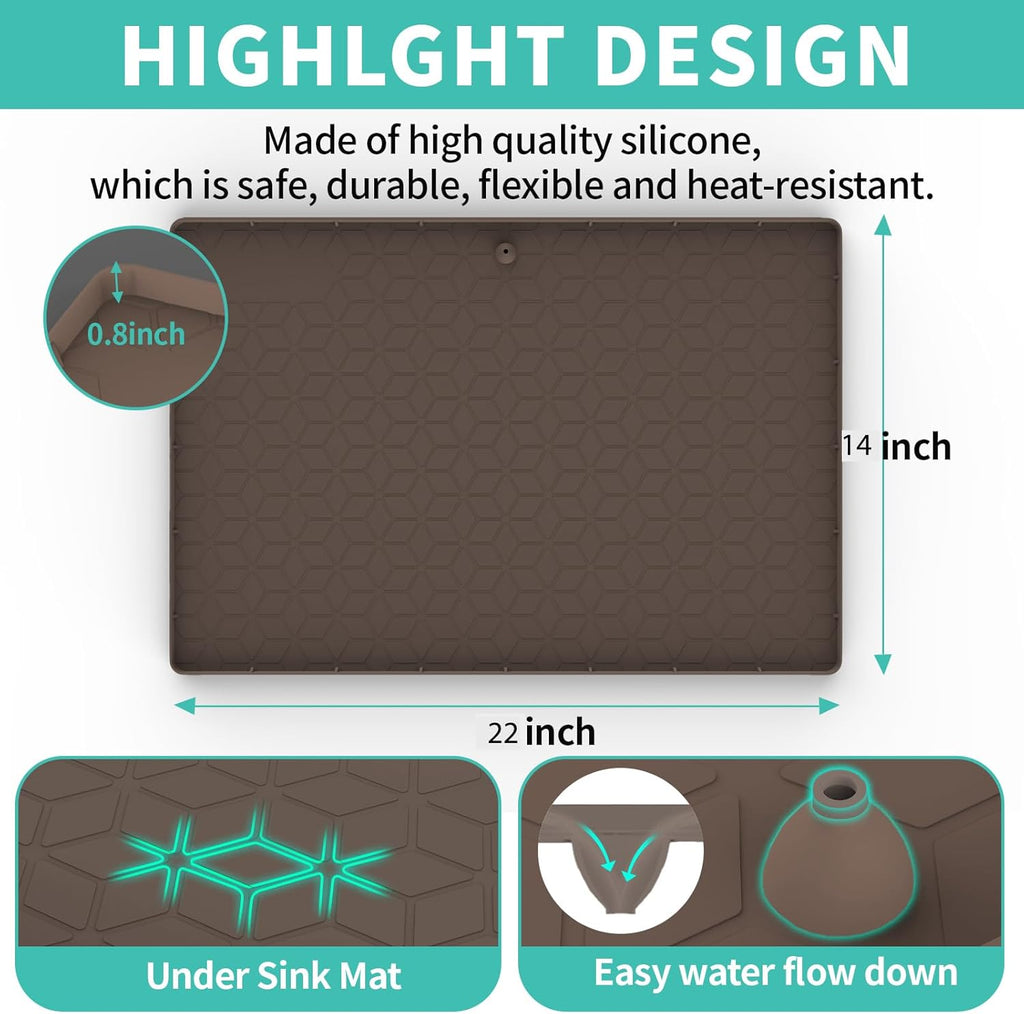 Under Sink Mat, 14"x22" Under Sink Mats for Kitchen, Silicone Waterproof Under Sink Liner, Sink Cabinet Organizer Tray with Drain Hole