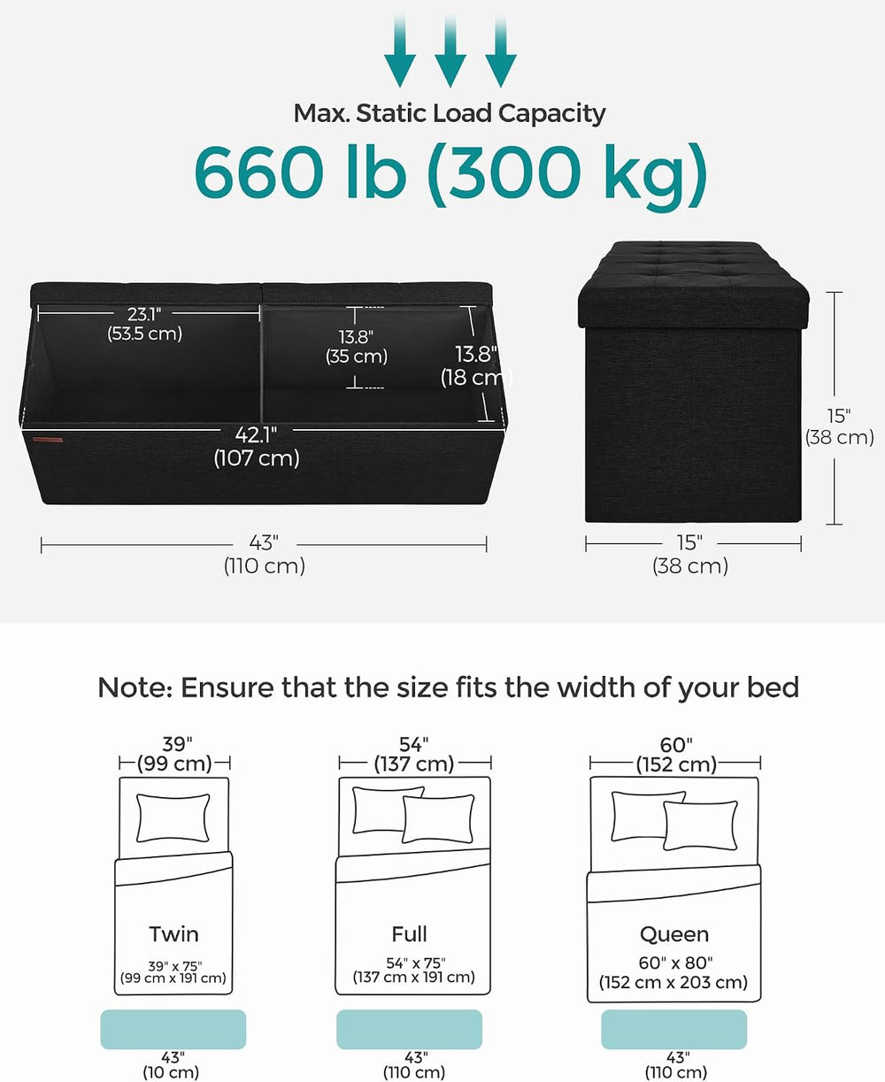 SONGMICS 43.3 Inches Folding Storage Ottoman Bench, Load 660 lb | Ottoman Foo...