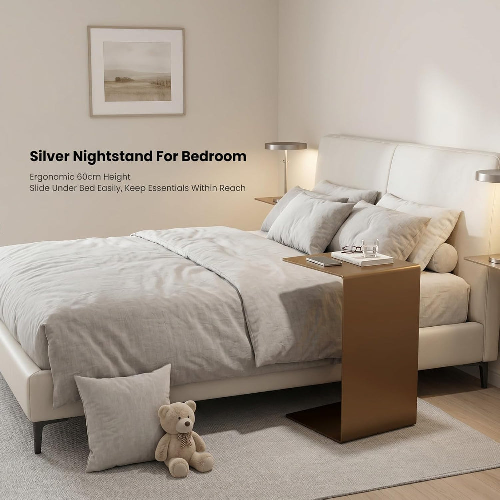 Modern Side Table Silver Coffee Table, Metal C-Shaped End Table with Smooth S...