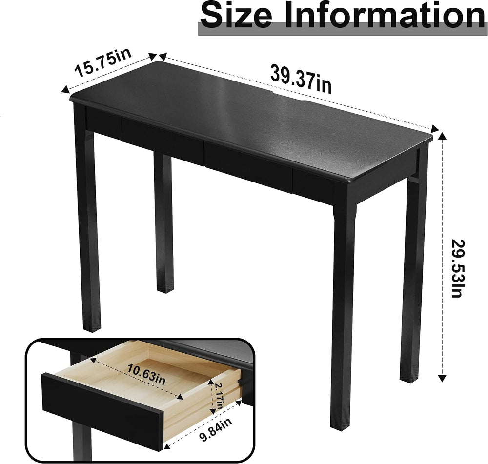 Solid Wooden Desk with Drawers - 39 x 16 Inch Modern Narrow Desks, Rubberwood...