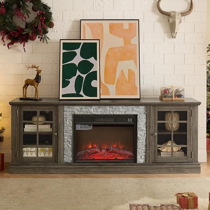 TV Stand with Electric Fireplace & Storage Cabinet, Entertainment Center with 2 Glass Door, Faux Stone Media Console Table for Living Room (Grey,70" with Fireplace)