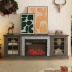 TV Stand with Electric Fireplace & Storage Cabinet, Entertainment Center with 2 Glass Door, Faux Stone Media Console Table for Living Room (Grey,70" with Fireplace)