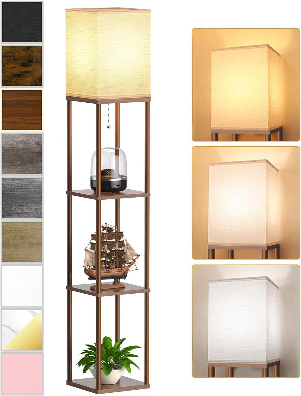 Floor Lamp with Shelves for Living Room Walnut Brown, Shelf Floor Lamp with 3...