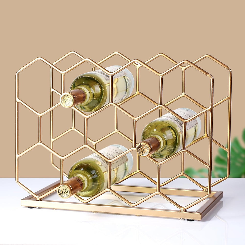 14 Bottle Countertop Wine Rack - Freestanding Modern Gold Metal Wine Rack - T...