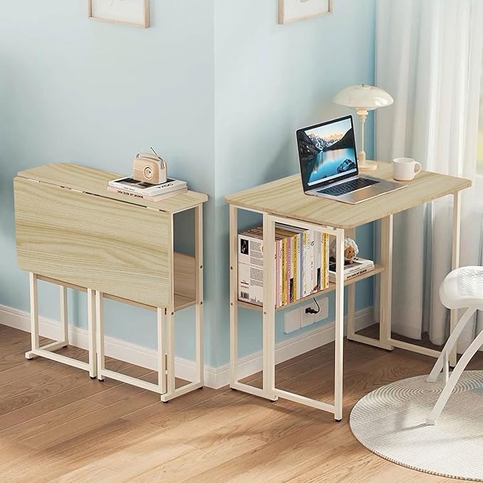 32'' Small Folding Table, Foldable Table with w/Rollers and Fixed Feets,Steel Frame and MDF Top,Couch Table for Small Space, Easy Assembly, Natural and White