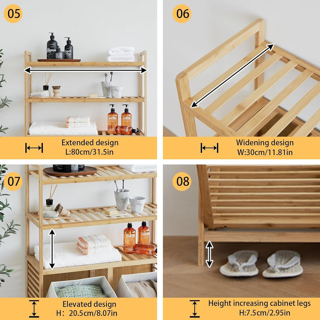 Double Tilt Out Laundry Hamper, Bamboo Hamper with 2 Removable Bags, Pull Out Laundry Hamper Cabinet, Bathroom Storage Shelf for Laundry Room, Living Room, Bedroom (3-Tier, Natural)