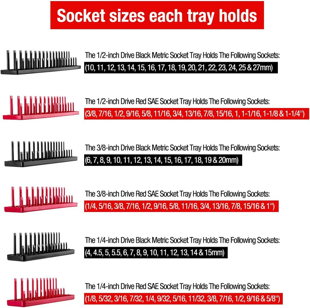 6PCS Socket Organizer Tray Set, Red SAE & Black Metric Socket Storage Trays, 1/4-Inch, 3/8-Inch & 1/2-Inch Drive Deep and Shallow Socket Holders for Toolboxes