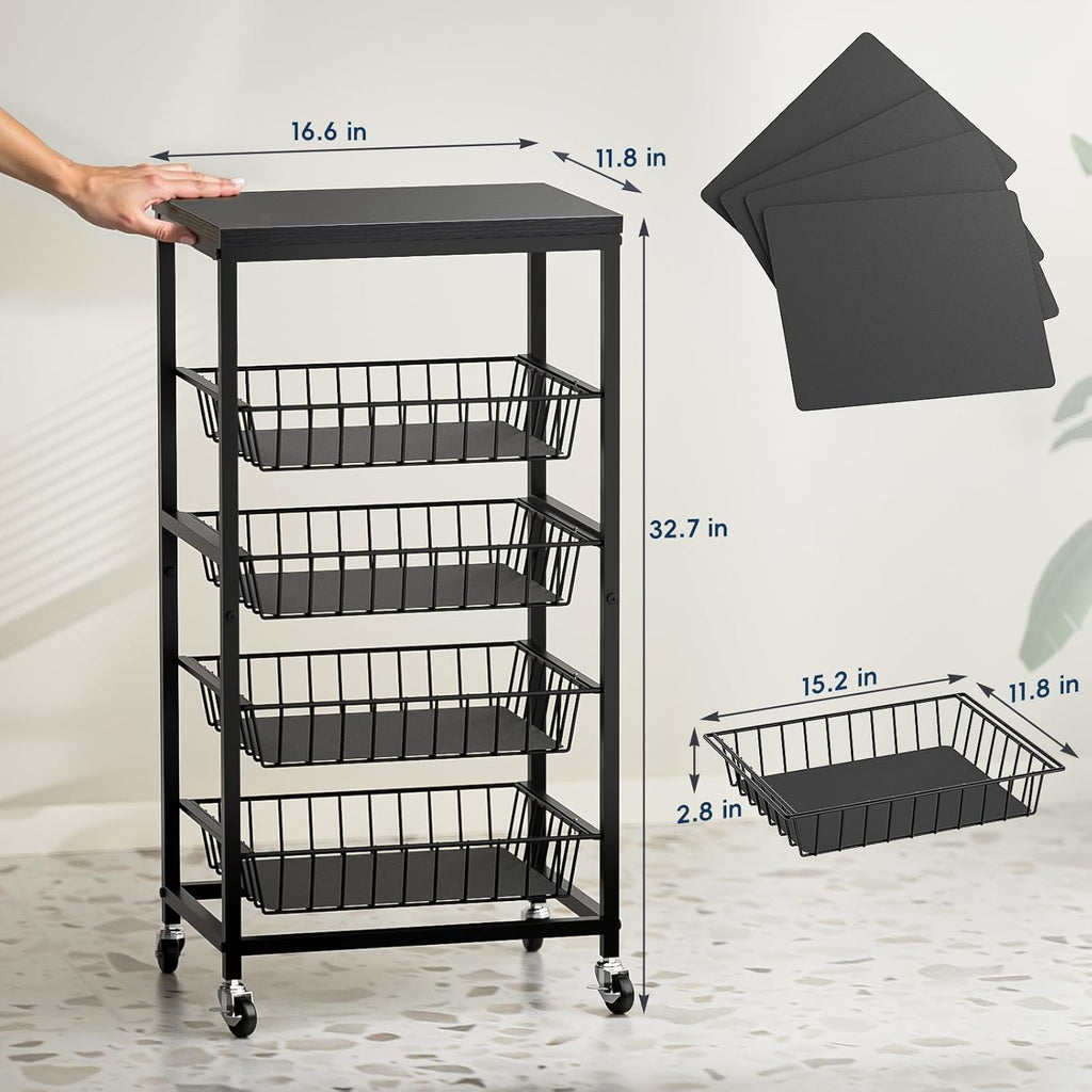Snack Cart, 5-Tier Kitchen Carts on Wheels with Storage,Fruit Basket Stand with Pull-Out Baskets and Wood Top,Kitchen Organizer for Fruit Vegetable Snack (Black)