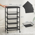 Snack Cart, 5-Tier Kitchen Carts on Wheels with Storage,Fruit Basket Stand with Pull-Out Baskets and Wood Top,Kitchen Organizer for Fruit Vegetable Snack (Black)