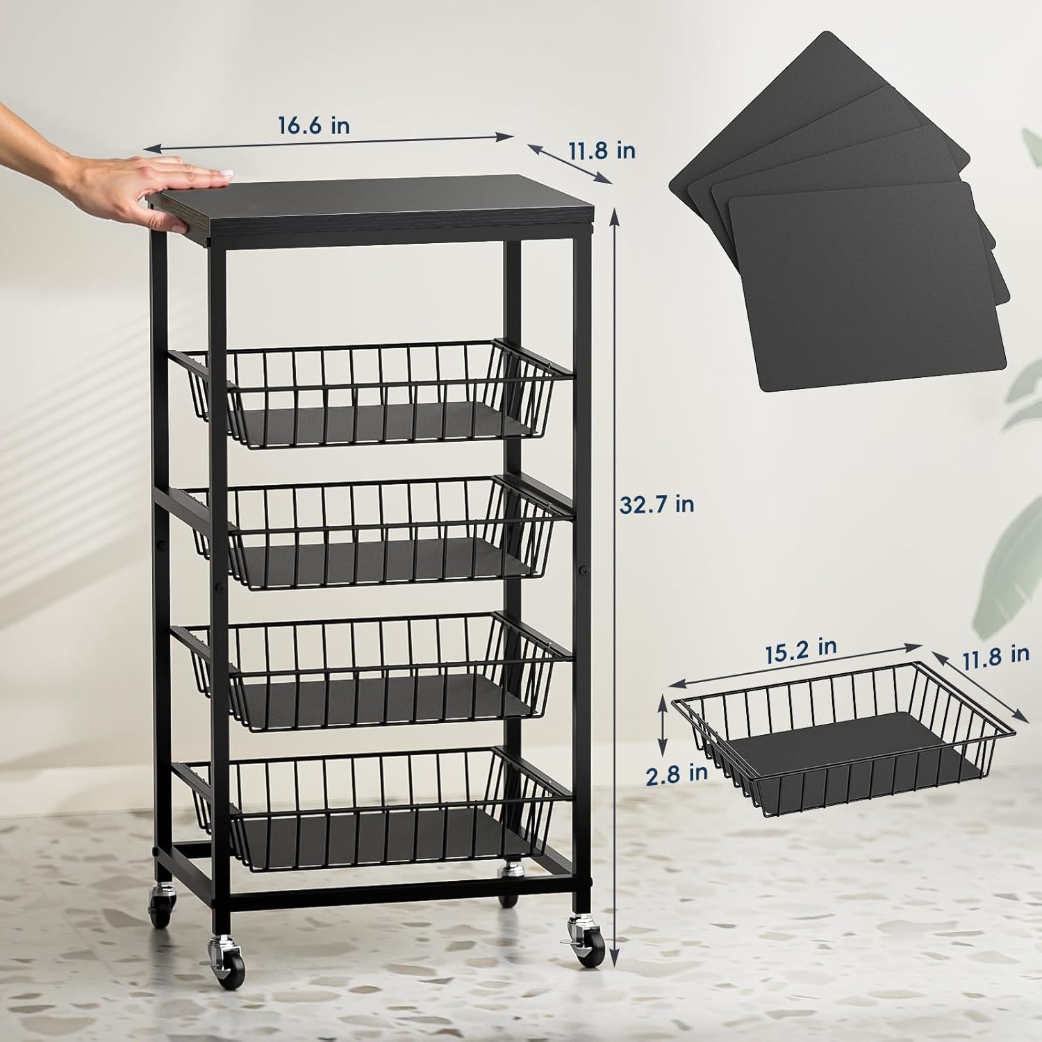 Snack Cart, 5-Tier Kitchen Carts on Wheels with Storage,Fruit Basket Stand with Pull-Out Baskets and Wood Top,Kitchen Organizer for Fruit Vegetable Snack (Black)