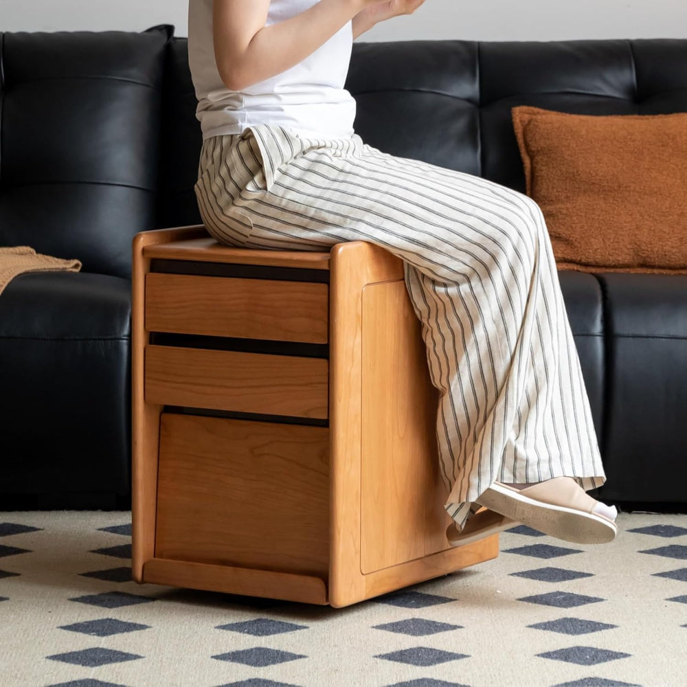 YESWOOD Solid Cherry Wood Side Table with Wheels, Narrow Side Tables with Sto...