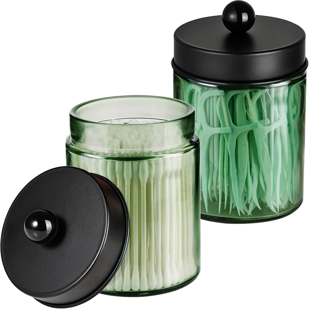 Amolliar Sage Green Glass Apothecary Jar, Qtip Holder Metal Lid & Stickers, Bathroom Qtip Dispenser Storage Canister, Perfect for Cotton Balls, Cotton Swabs, Round Pads, Bath Salt, Floss, Black 2 Pack