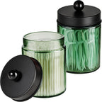 Amolliar Sage Green Glass Apothecary Jar, Qtip Holder Metal Lid & Stickers, Bathroom Qtip Dispenser Storage Canister, Perfect for Cotton Balls, Cotton Swabs, Round Pads, Bath Salt, Floss, Black 2 Pack