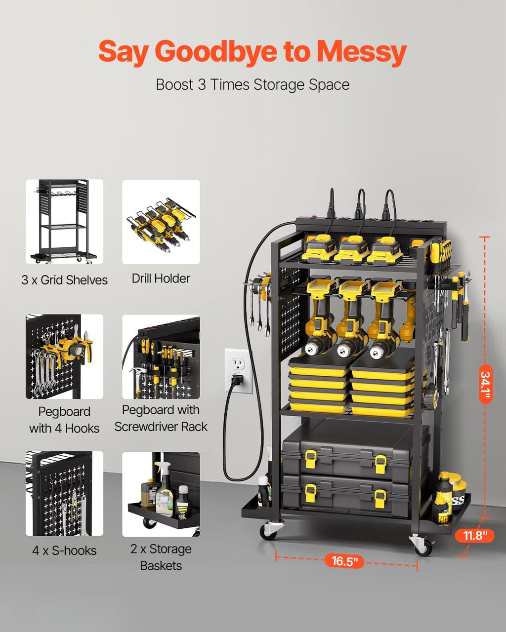 VEVOR 4-Tier Tool Organizer Cart with Charging Station, 8 AC Outlet, Floor Stand Rolling Drill Holder and Tool Battery Storage Rack on Wheels, Garage Floor Rolling Storage Cart for Workshop, Garage