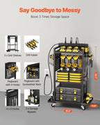 VEVOR 4-Tier Tool Organizer Cart with Charging Station, 8 AC Outlet, Floor Stand Rolling Drill Holder and Tool Battery Storage Rack on Wheels, Garage Floor Rolling Storage Cart for Workshop, Garage
