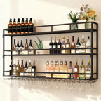 Wall Mounted Wine Rack, Wine Rack Wall Mounted with Wine Glass Rack, Metal Bar Bottle Display Shelf Wine Cups Hanging Holder, for Home Bar Cafe Dining Room Decoration (BLACK, 39.1*10*35.5IN)