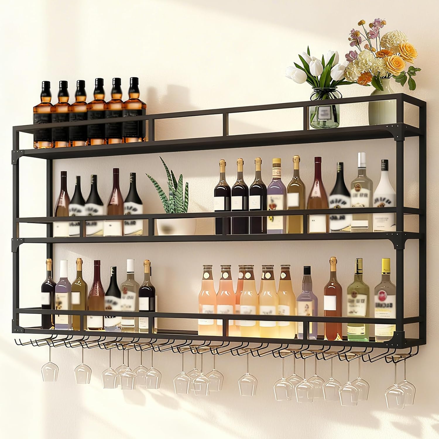Wall Mounted Wine Rack, Wine Rack Wall Mounted with Wine Glass Rack, Metal Bar Bottle Display Shelf Wine Cups Hanging Holder, for Home Bar Cafe Dining Room Decoration (BLACK, 39.1*10*35.5IN)
