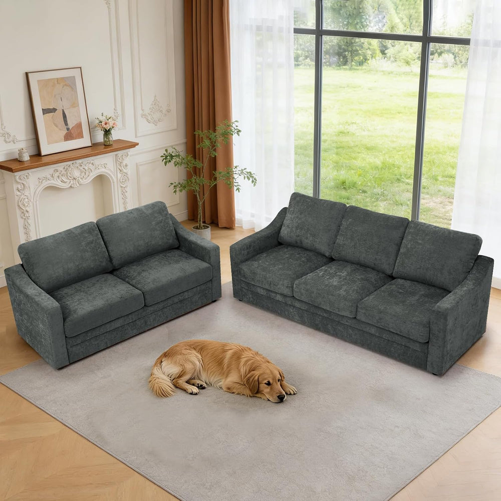 2 Pieces Chenille Sofa Set w/Soft Back Cushion, Grey | Modern 2 Seat & 3 ...