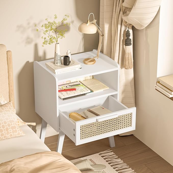 Lerliuo Rattan Nightstands Set of 2, Bedside Table with Drawer Open Shelf, Ca...