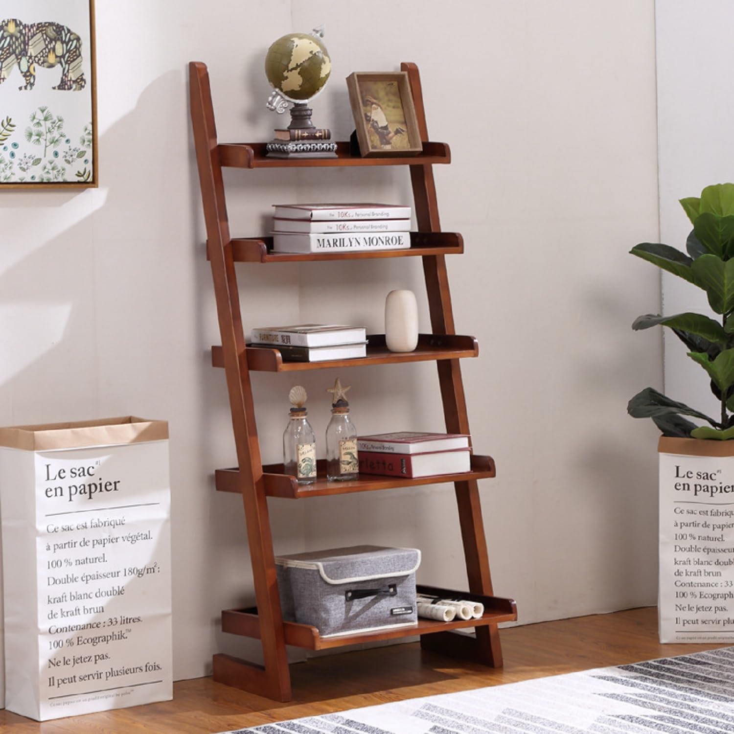 5-Tier Ladder Shelf, Minimalism Wood Ladder Bookshelf L-Shaped Leaning Storage Bookshelf Freestanding Open Bookcase for Living Room Bedroom Offices (Walnut Brown)