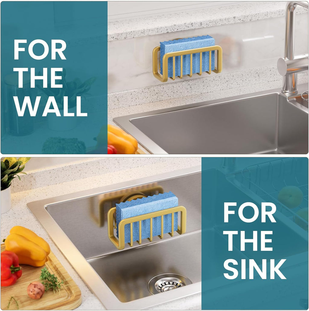 TAILI Sponge Holder for Kitchen Sink with Strong Suction Cup, Rustproof Aluminum Sink Caddy for Sponges, Removable Sponge Holder, Dish Brush for Scraper - Gold