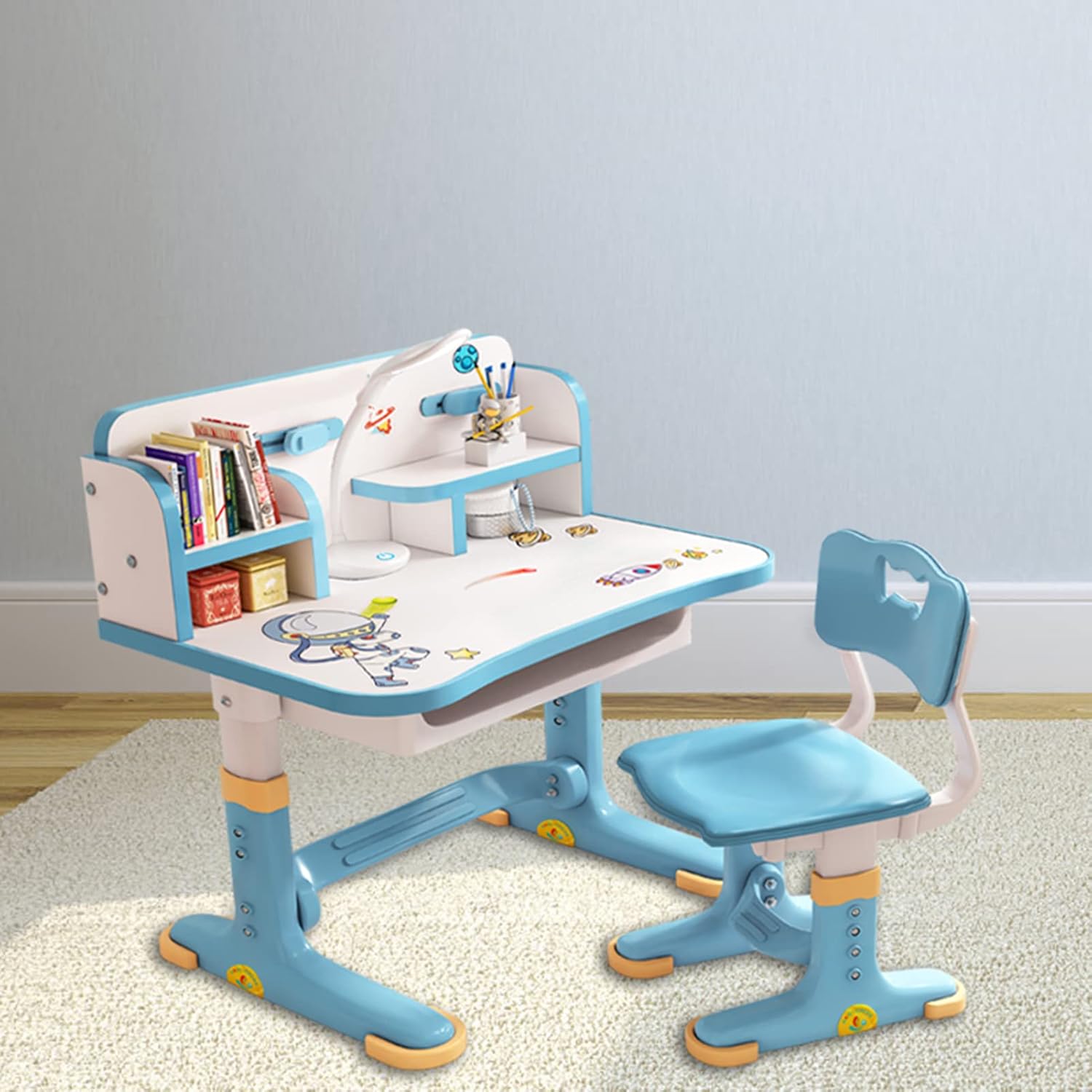 Kids Desk and Chair Set, Height Adjustable Children Study Desk, Golden Distance Preventing Myopia Design, Children Study Desk with Spacious Storage Drawer for Boys Girls School Home Study Tool (Blue)