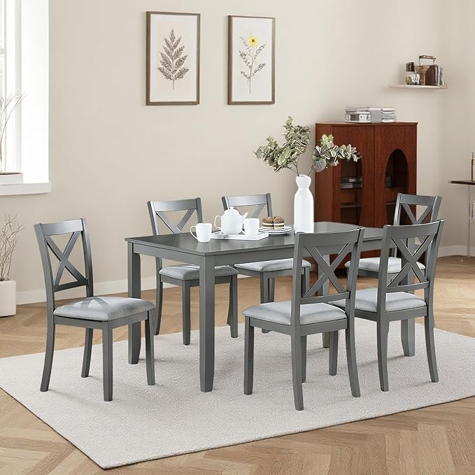 7-Piece Dining Table Set for 6, Wooden Kitchen Set with Rectangular Grey Table, 6 Upholstered X-Back Chairs, Modern Living Room Dinner Set with Ergonomic Comfort Seating for Home, Grey