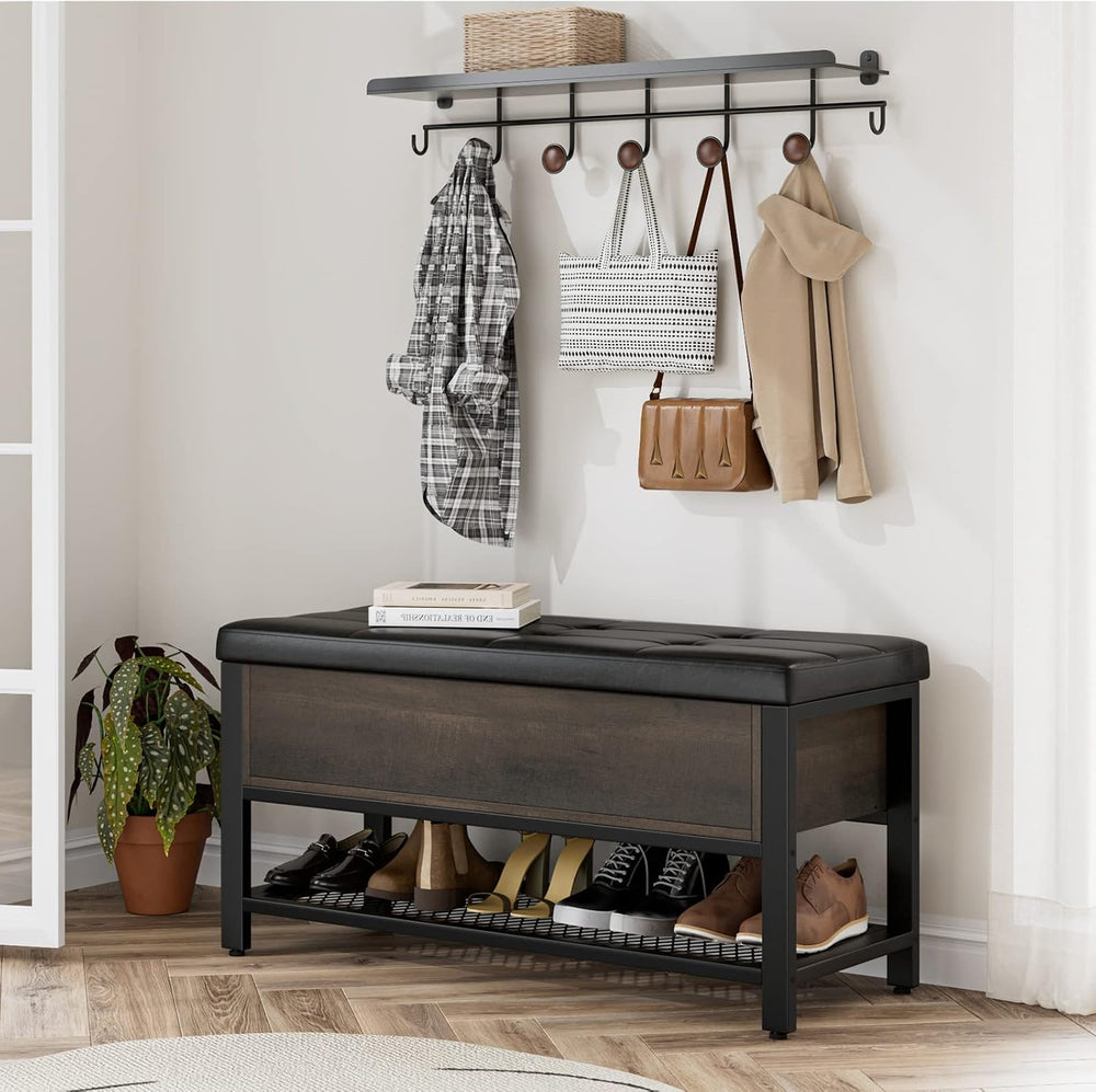 HOSTACK 40" W Storage Bench, Entryway Shoe Bench with Cushion, Dark Brow...